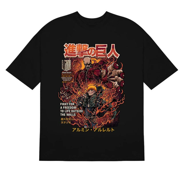 Here at Everythinganimee we have the best anime shirts in the world.
Unleash the power of Armin Arlert in this epic Attack on Titan tee featuring his transformation into the Colossal Titan. The fiery and dynamic artwork captures the intensity of the battle for freedom beyond the walls.