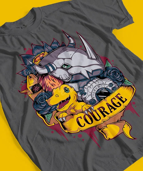 Here at Everythinganimee we have the best anime shirts in the world.
Embrace the power of courage with this striking Digimon tee, featuring Agumon and his ultimate form, WarGreymon!