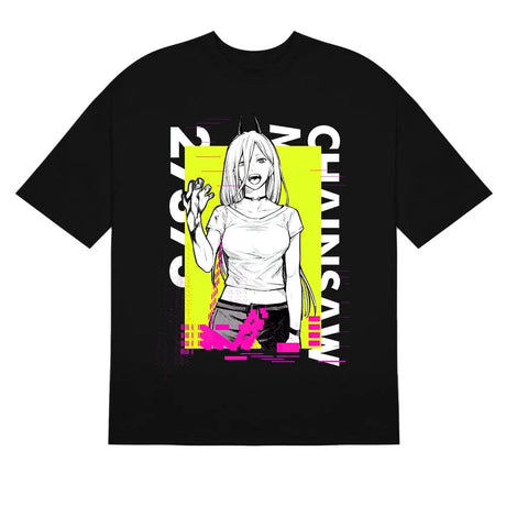 Here at Everythinganimee we have the best anime shirts in the world.
Unleash your inner chaos with this striking Chainsaw Man Power tee. The neon yellow background highlights Power's bold character in a unique glitchy design, making this shirt a perfect statement piece for fans of the anime.