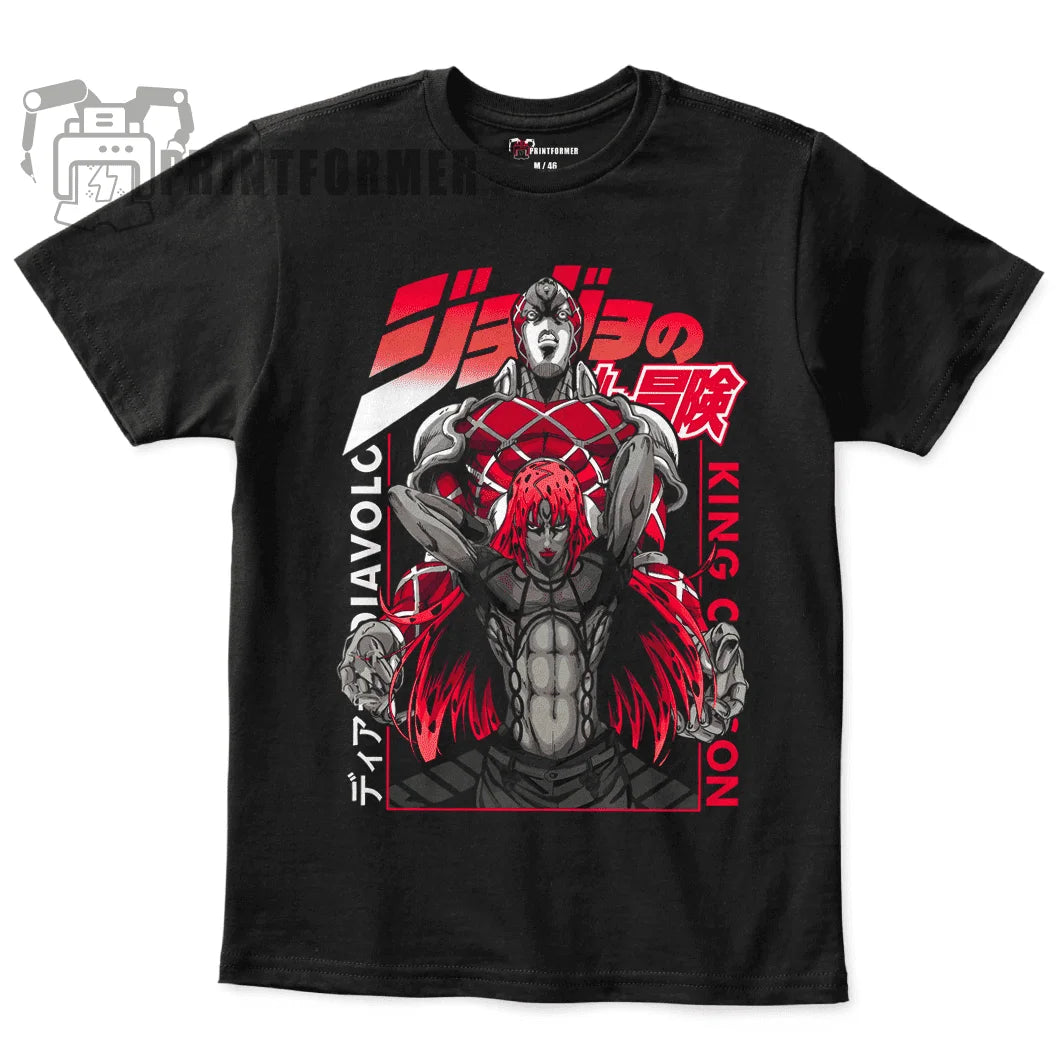 Immerse yourself in this striking Diavolo Tee, perfect for anime fans Looking for more Jojo's Bizarre merch? Explore our full collection of anime merch now!