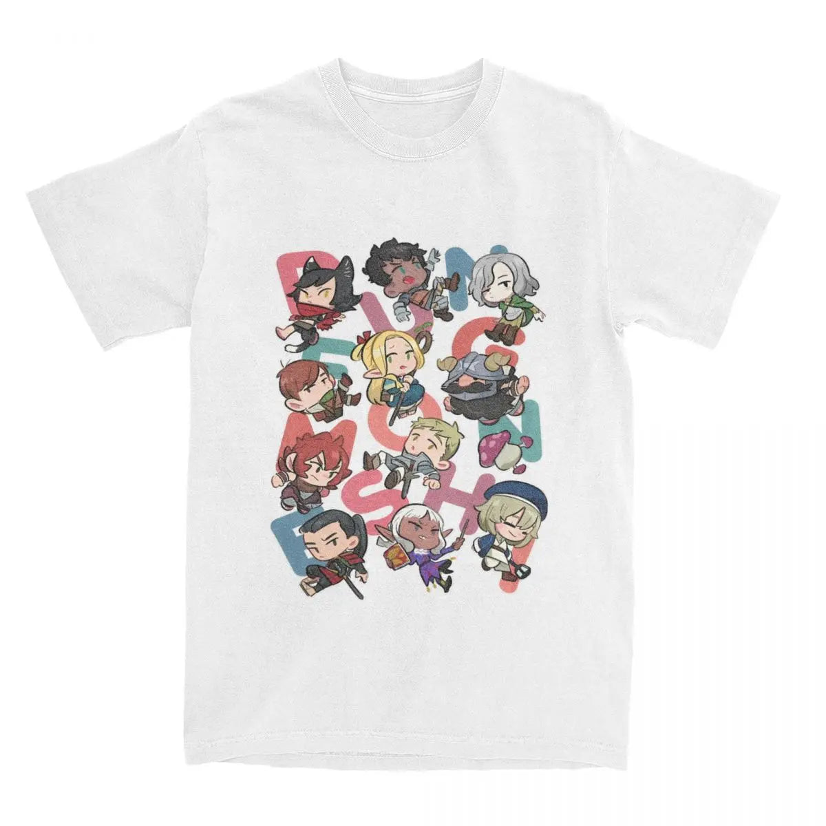 Here at Everythinganimee we only have the best shirts in the world! Show off your love for Delicious in the Dungeon with the Dungeon Crew Chibi Tee! Featuring all your favorite characters in a cute, chibi-style design, this shirt bursts with fun and personality. Each character is brought to life with vibrant colors and adorable expressions, 