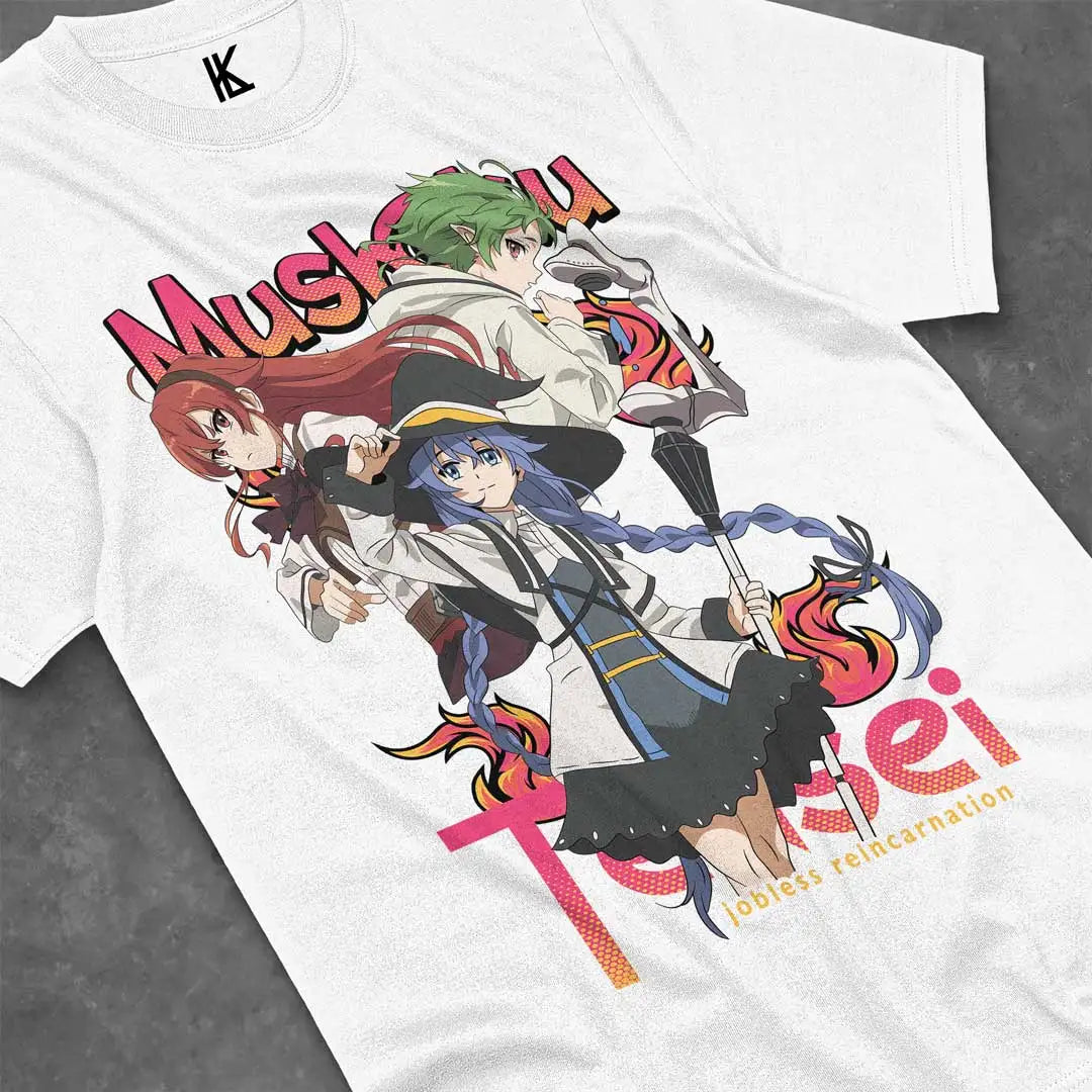 Here at Everythinganimee we have the best anime shirts in the world.
Dive into the magical world of Mushoku Tensei with this stunning tee featuring Roxy Migurida and beloved characters. Perfect for fans of the isekai genre, this shirt captures the adventurous spirit and mystical elements of the anime.