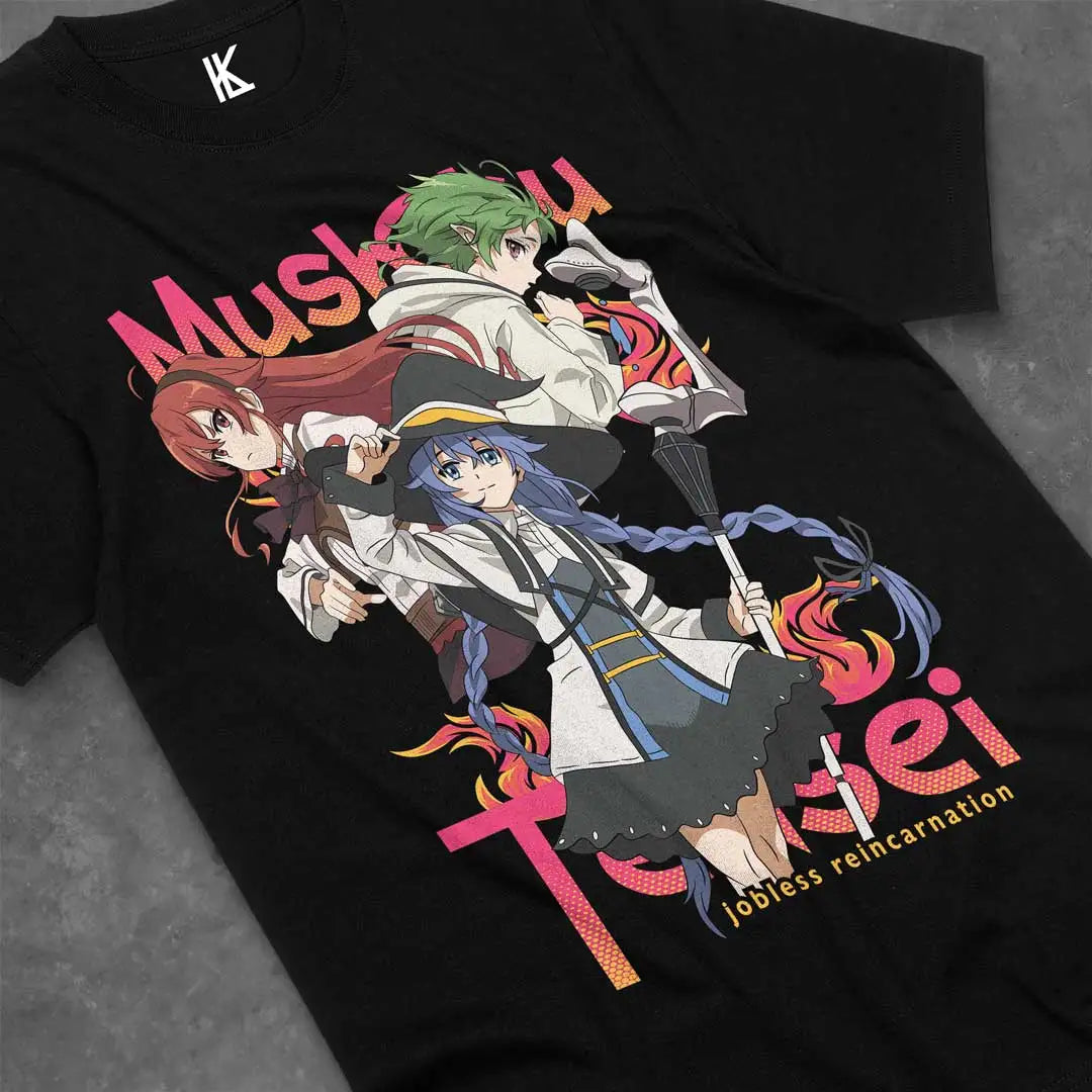 Here at Everythinganimee we have the best anime shirts in the world.
Dive into the magical world of Mushoku Tensei with this stunning tee featuring Roxy Migurida and beloved characters. Perfect for fans of the isekai genre, this shirt captures the adventurous spirit and mystical elements of the anime.