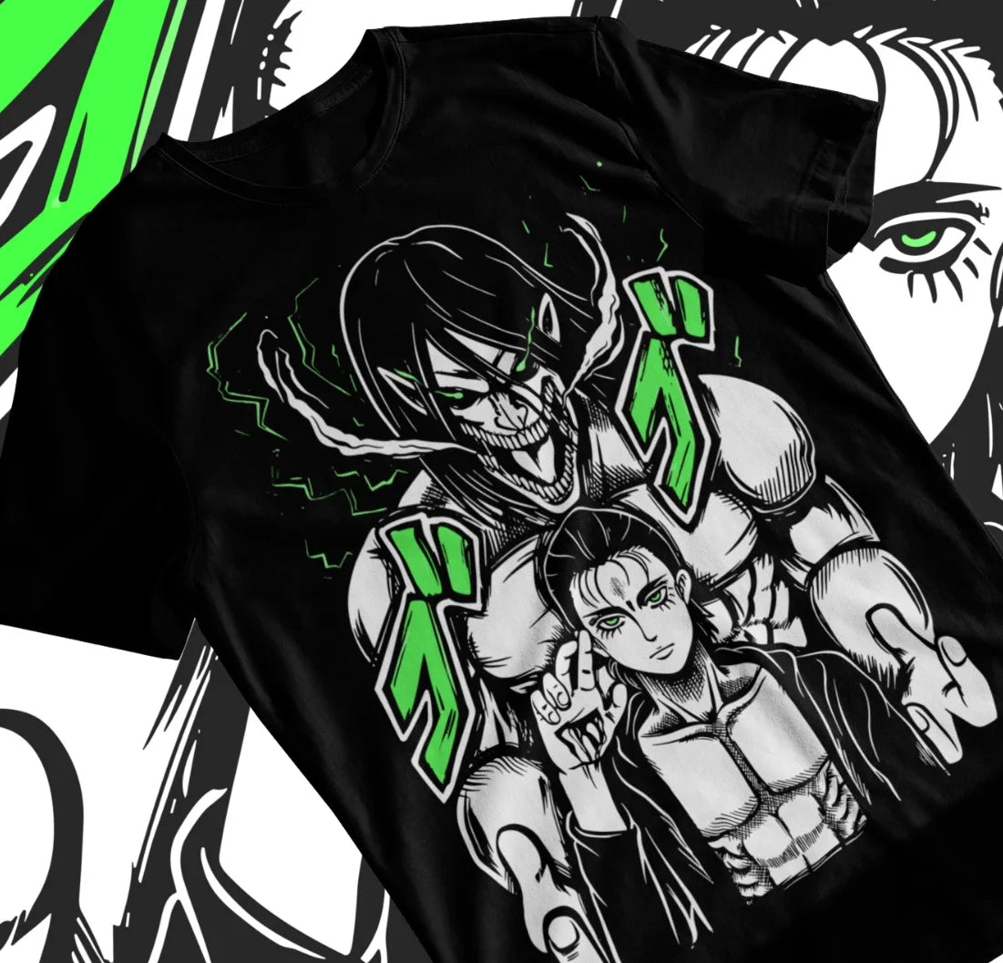 This tee features a striking Eren Yeager theme from Attack on Titan, perfect for fans. | If you are looking for more Attack On Titan Merch, We have it all! | Check out all our Anime Merch now!