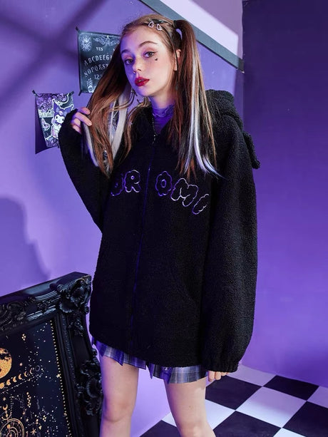 Sanrio Anime Kuromi Clothes Women Black Embroidery Hoodies Y2k Tops Autumn Winter Thin Coat Female Fashion Loose Sweatshirt, everythinganimee