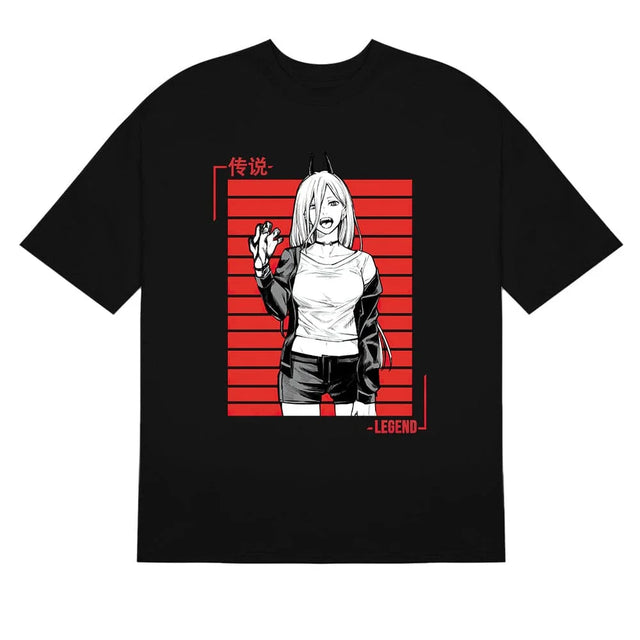 Here at Everythinganimee we have the best anime shirts in the world.
Unleash the power of the "Legend" with this bold Chainsaw Man tee featuring Power in a dynamic pose. The red and black striped background adds intensity to this sleek design, showcasing Power’s wild and confident persona.