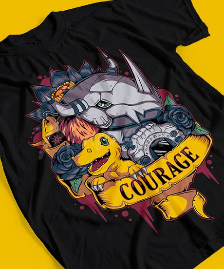 Here at Everythinganimee we have the best anime shirts in the world.
Embrace the power of courage with this striking Digimon tee, featuring Agumon and his ultimate form, WarGreymon!