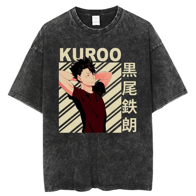 Anime Haikyuu Acid Washed Cotton T-shirts Vintage Black Men's Clothing Hip Hop Streetwear Harajuku Shirts Unisex Tops Tees, everythinganimee