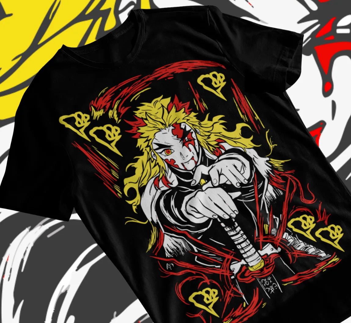 This shirt features a striking Kyojuro Rengoku theme, perfect for Demon Slayer fans. | If you are looking for more Demon Slayer Merch, We have it all! | Check out all our Anime Merch now!