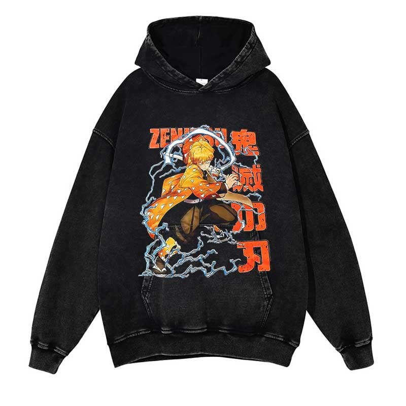 Demon Slayer Washed Black Streetwear Cotton Vintage Hoodie