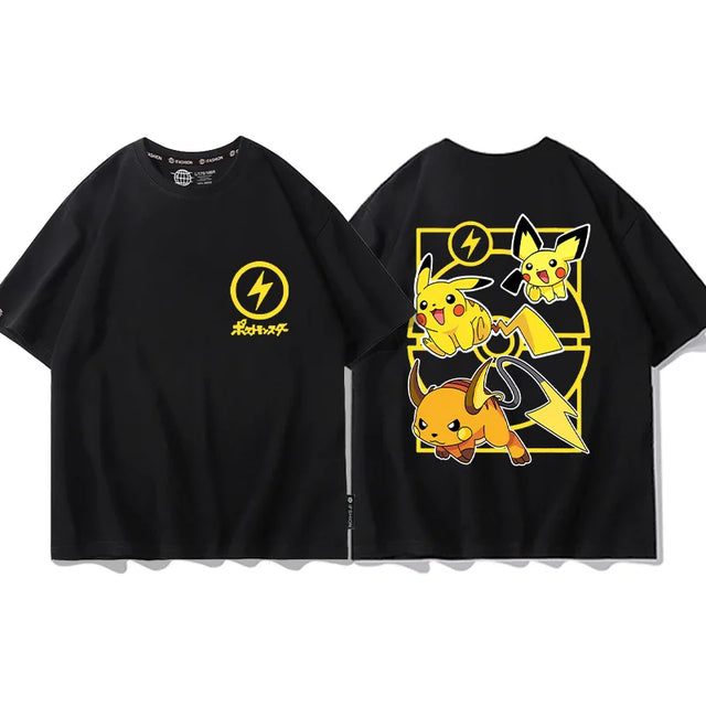 Here at Everythinganimee we have the best anime shirts in the world. 
Electrify your style with this bold black tee featuring the iconic Pikachu, Pichu, and Raichu trio.