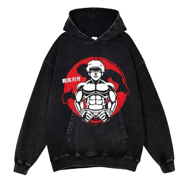 Baki Washed Black Streetwear Cotton Vintage Hoodie