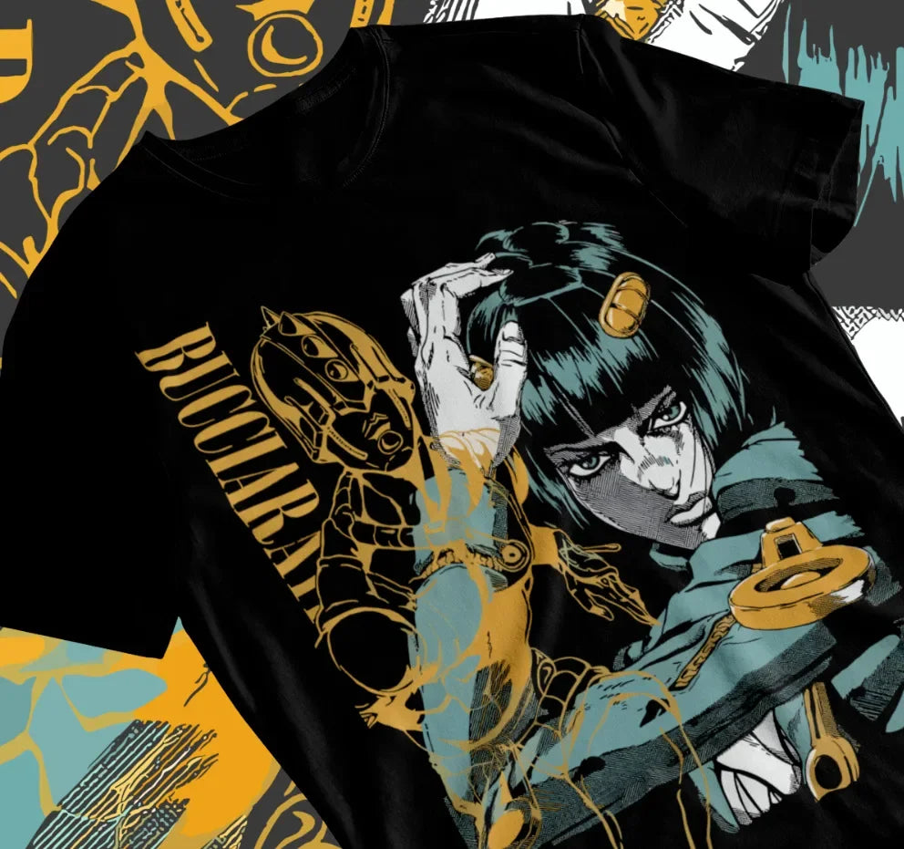 This tee showcase the intense and enigmatic Bruno Bucciarati in a captivating design. If you are looking for more Jojo's Bizarre Adventure Merch, We have it all! | Check out all our Anime Merch now!