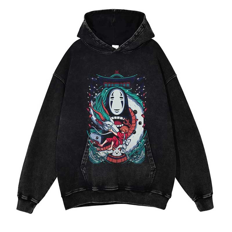 Spirited Away Washed Black Streetwear Cotton Vintage Hoodie