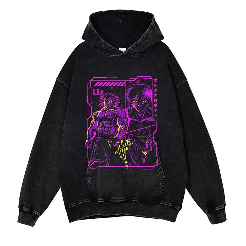 Baki Washed Black Streetwear Cotton Vintage Hoodie