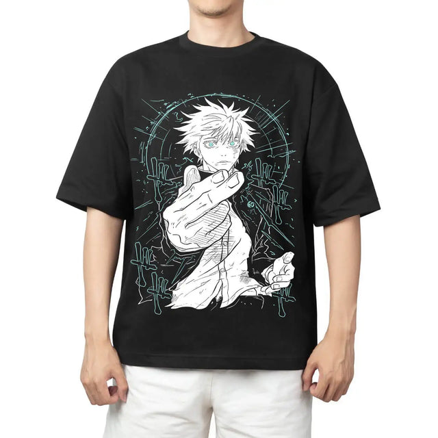 Here at Everythinganimee we have the best anime shirts in the world.
Channel the immense power of Satoru Gojo with the Gojo Infinity Strike Tee, featuring the legendary sorcerer from Jujutsu Kaisen in an intense pose. The monochromatic design, accented by striking blue highlights.