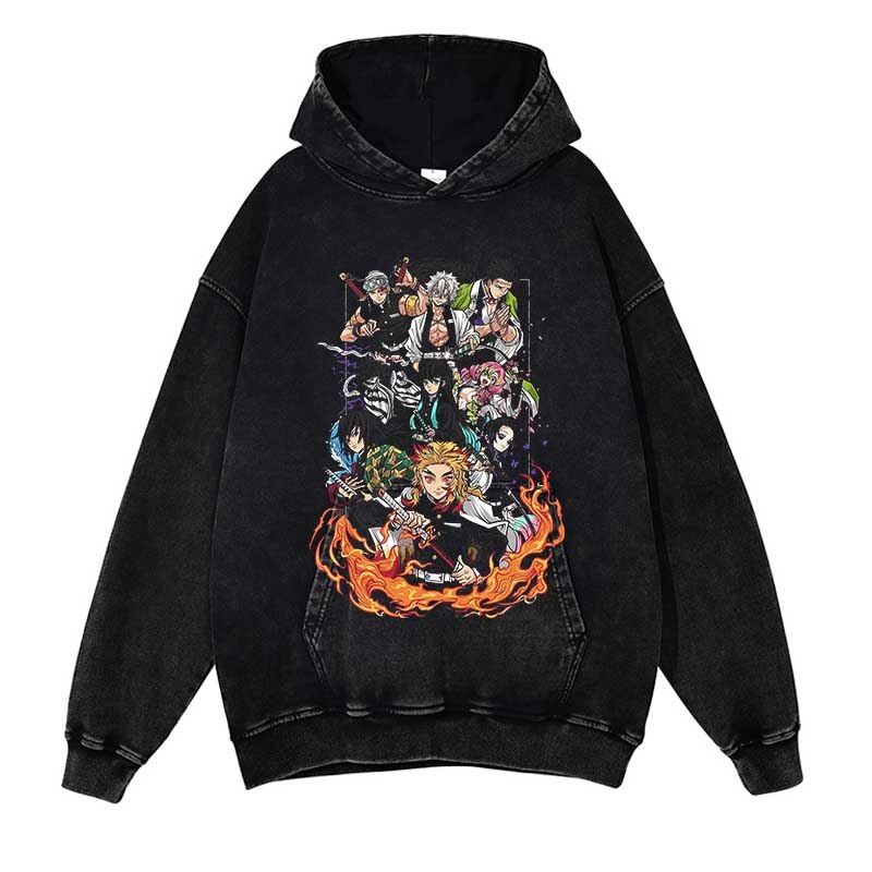 Demon Slayer Washed Black Streetwear Cotton Vintage Hoodie