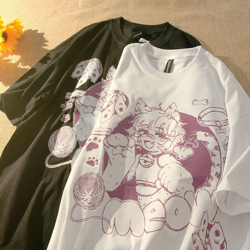 Anime Cat Girl "Meow" Oversized Tee