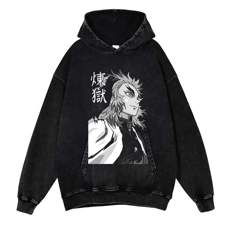 Demon Slayer Washed Black Streetwear Cotton Vintage Hoodie