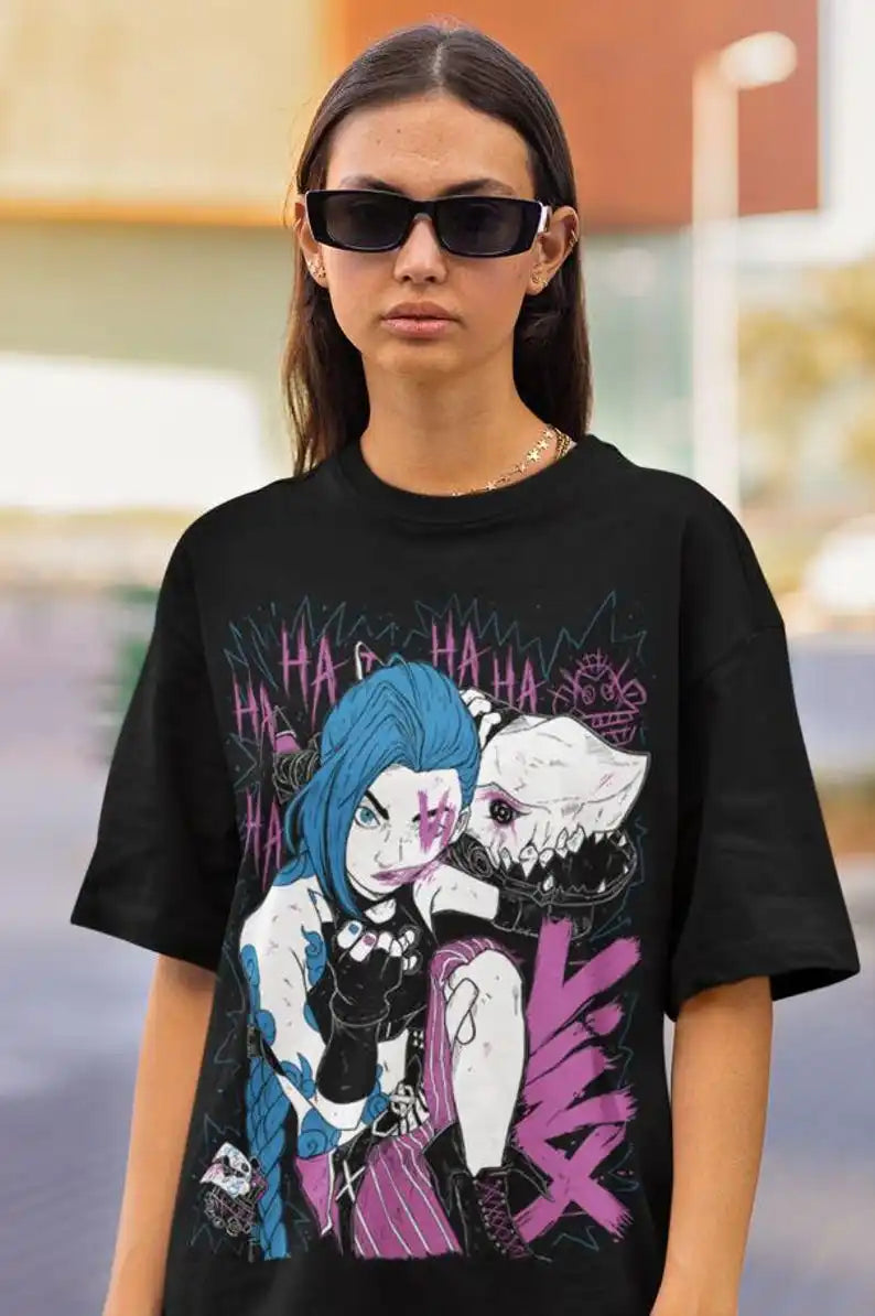 Immerse yourself in this Jinx tee, perfect for anime fans. Looking for more Arcane merch? Explore our full collection of anime merch now!