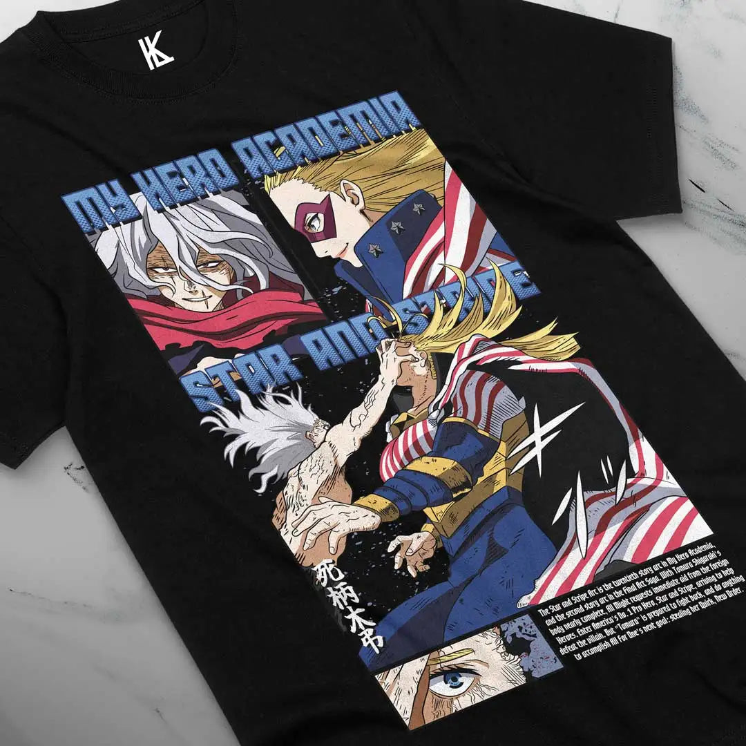 Here at Everythinganimee we have the best anime shirts in the world.
Embrace the intense showdown of Star and Stripe with this epic tee. Showcasing the fearless hero against a formidable opponent, this shirt captures a dynamic and thrilling scene from the My Hero Academia universe. 