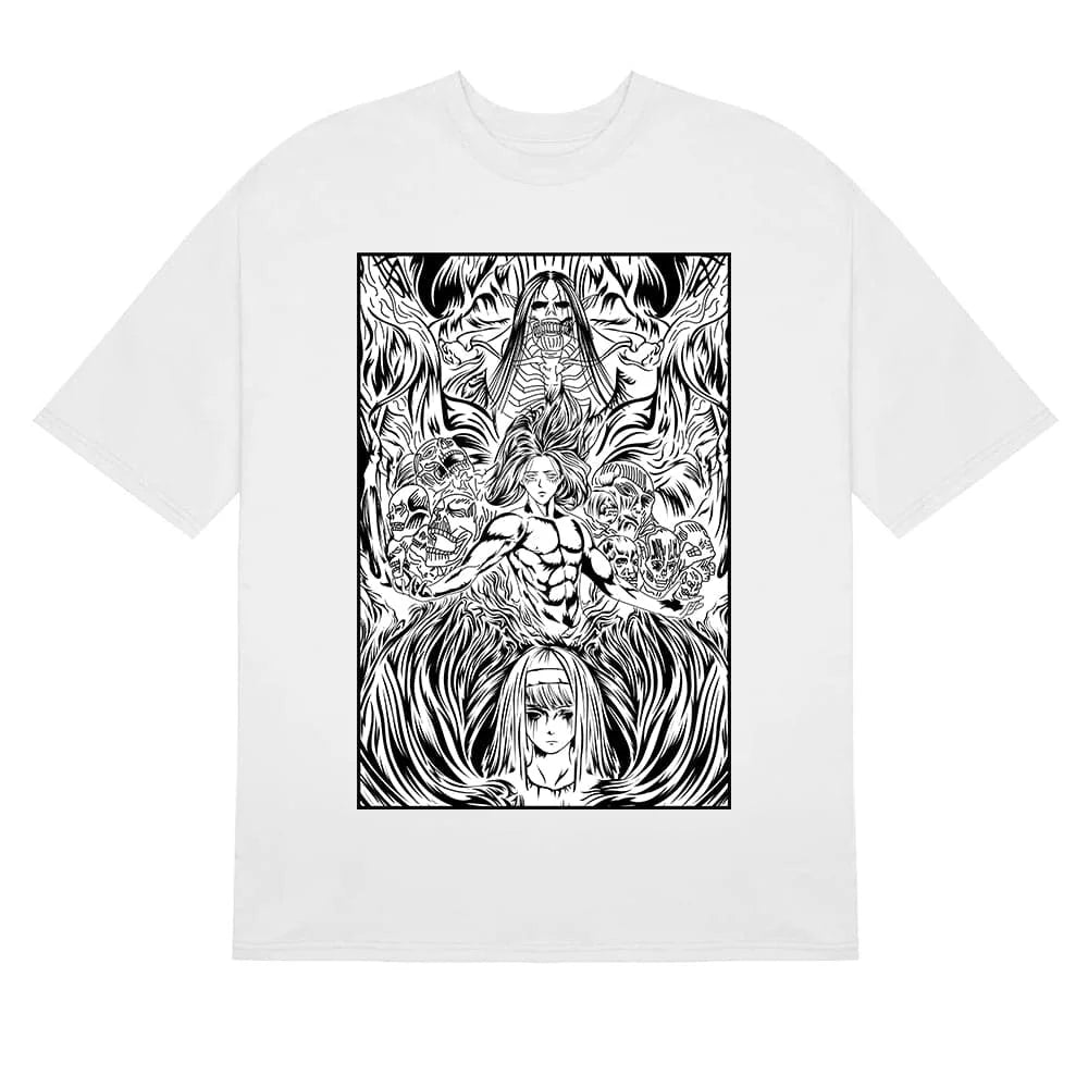 Here at Everythinganimee we have the best anime shirts in the world.
Embrace the power and intensity of Eren Yeager with the Titan Awakening Tee, inspired by Attack on Titan. This striking black-and-white design features Eren in his most powerful form, surrounded by an intricate and intense depiction of the Titans.