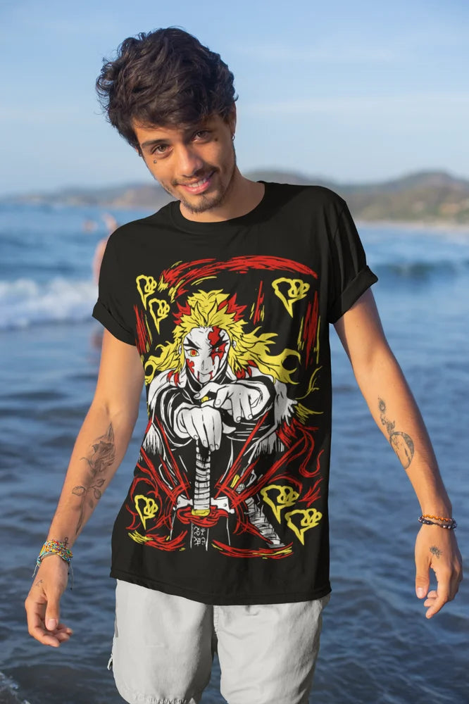 This shirt features a striking Kyojuro Rengoku theme, perfect for Demon Slayer fans. | If you are looking for more Demon Slayer Merch, We have it all! | Check out all our Anime Merch now!