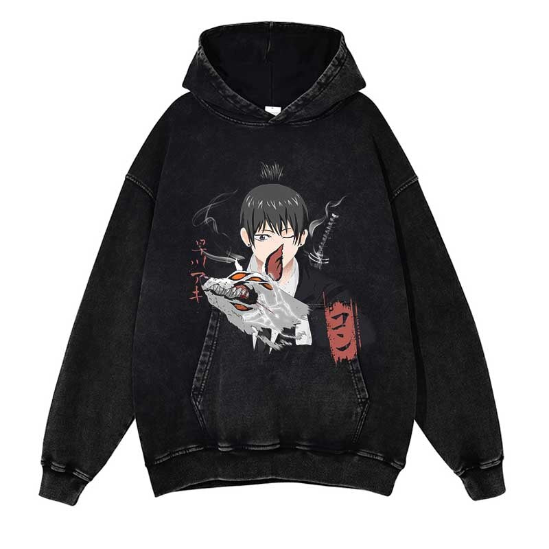 Chainsaw Man Washed Black Streetwear Cotton Vintage Hoodie