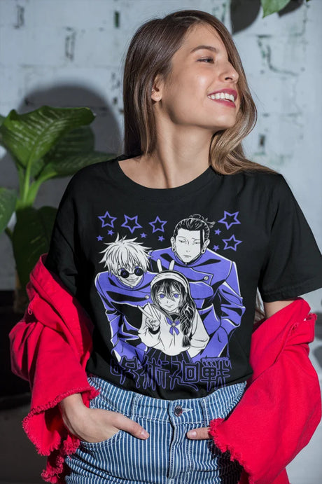 This kawaii tee features Geto Suguru, Gojo, and an anime girl, perfect for Jujutsu Kaisen fans.  If you are looking for more Jujutsu Kaisen Merch, We have it all! | Check out all our Anime Merch now!