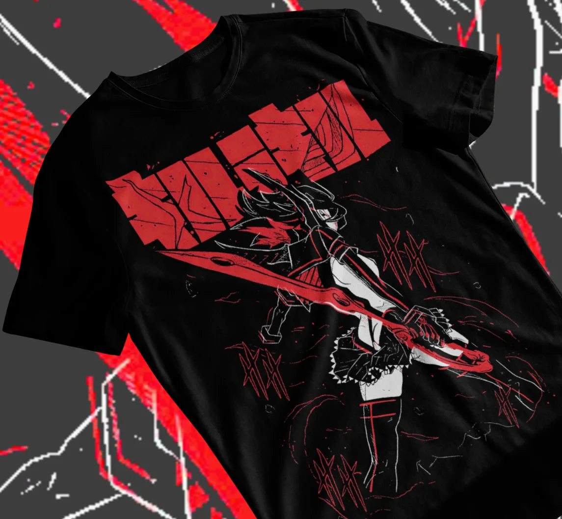 Here at Everythinganimee we only have the best shirts in the world! Unleash your rebellious spirit with this high-quality Kill la Kill shirt featuring the fierce Ryuko Matoi in her iconic battle stance! The bold design captures Ryuko wielding her signature Scissor Blade, with dynamic red and black tones that mirror her fiery determination and unyielding will. 