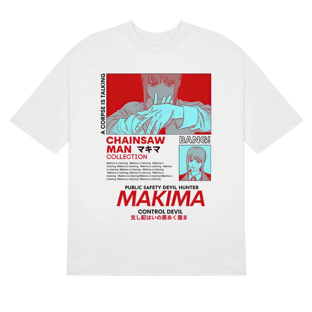 Here at Everythinganimee we have the best anime shirts in the world.
Dive into the world of Chainsaw Man with the Makima Control Tee. Featuring a powerful design of Makima, the infamous Public Safety Devil Hunter, this shirt captures her intense presence and mysterious aura.