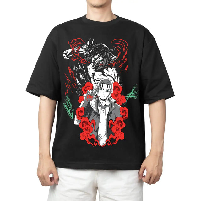 Here at Everythinganimee we have the best anime shirts in the world.
Unleash the fury of the Attack Titan with the Eren Yeager Titan Rage Tee. Featuring the duality of Eren’s human and titan forms, this dynamic design captures the intense power and emotion of the Attack on Titan hero.