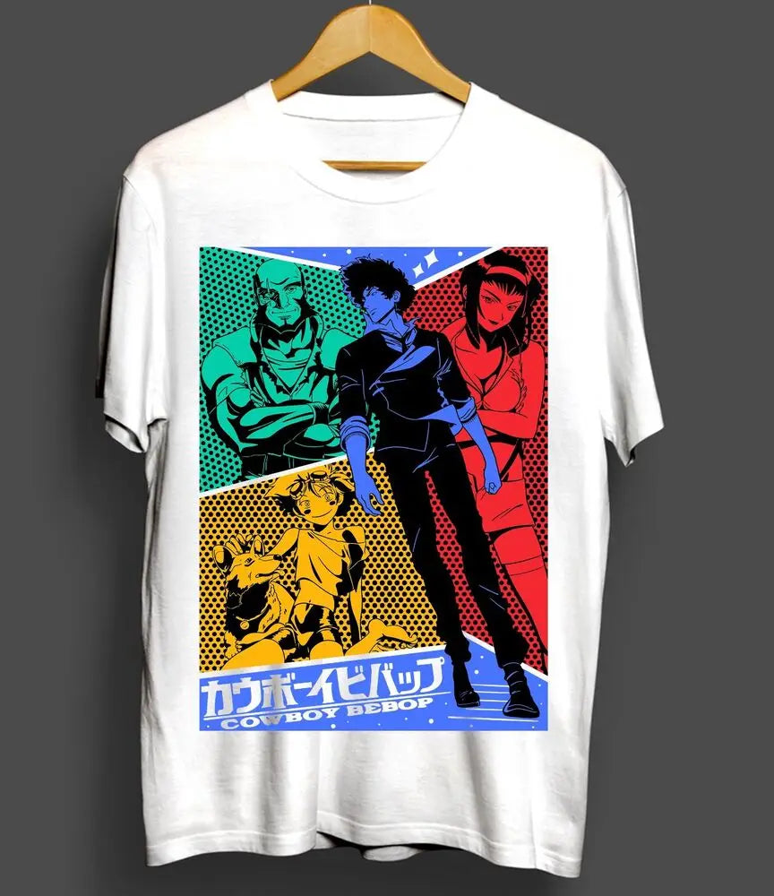 Here at Everythinganimee we have the best anime shirts in the world.
Embark on intergalactic adventures with this vibrant Cowboy Bebop tee, showcasing the iconic bounty hunters in a stunning pop-art style. Perfect for fans who admire the mix of space-western action and jazz-infused storytelling.