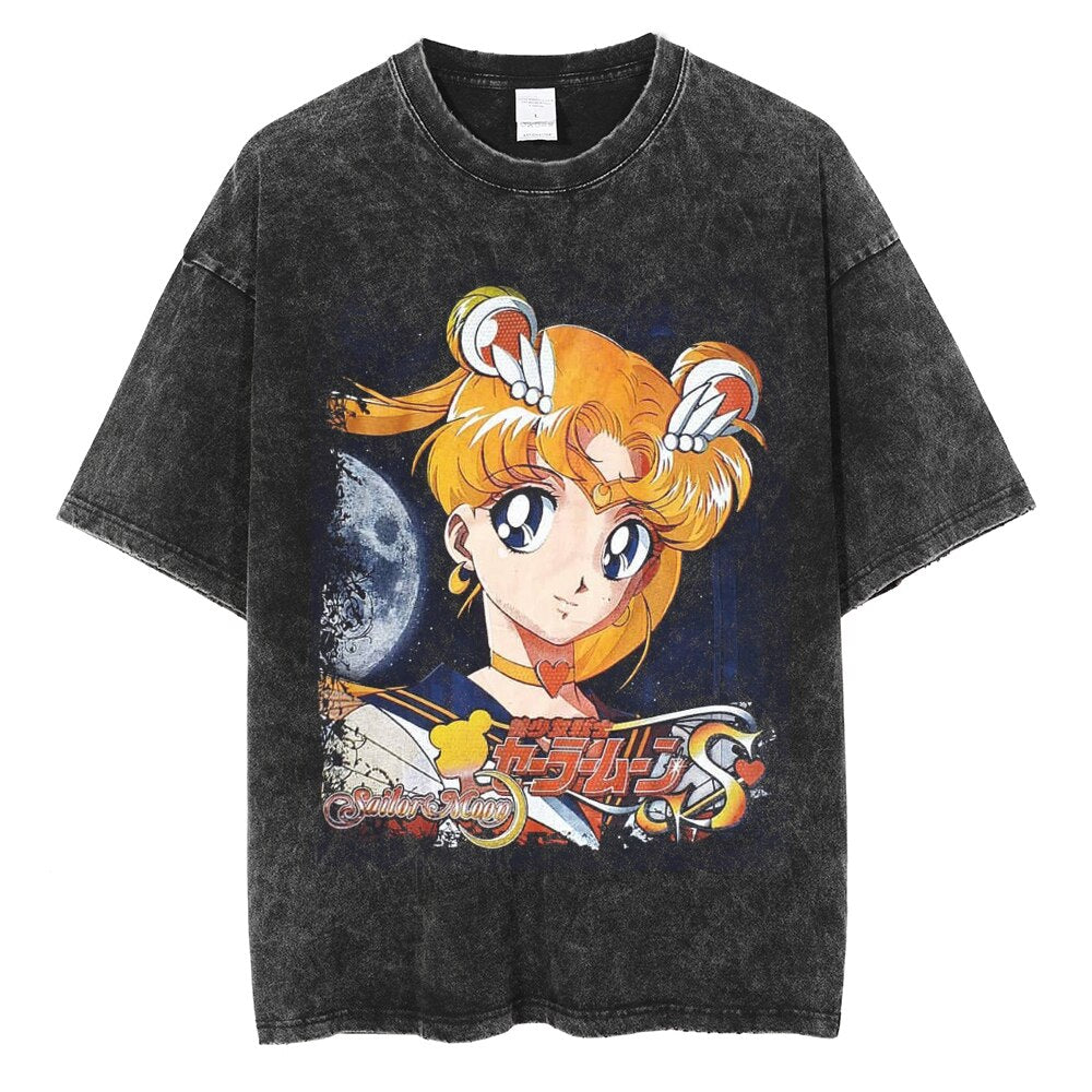 Men Hip Hop Streetwear Black T-Shirt Japanese Anime Sailor Moon Vintage T Shirt Summer Harajuku Cotton Tshirt Short Sleeve Tops, everythinganimee