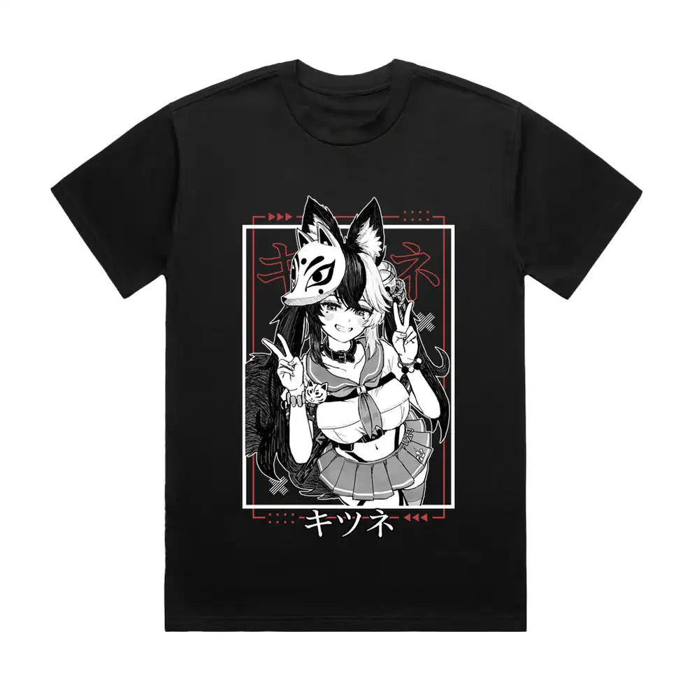 Here at Everythinganimee we have the best anime shirts in the world.
Bring out your playful side with the GammaInkk Kitsune Vibes Tee! Featuring a fun and edgy kitsune-inspired design, this shirt captures the chaotic energy of the character with bold black and white artwork and a touch of red for extra flair.