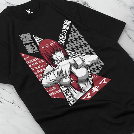 Here at Everythinganimee we have the best anime shirts in the world.
Embrace the captivating intensity of Makima with this eye-catching Chainsaw Man graphic tee. Featuring a striking design that captures her enigmatic aura, this shirt is a bold statement for any true fan of the series.