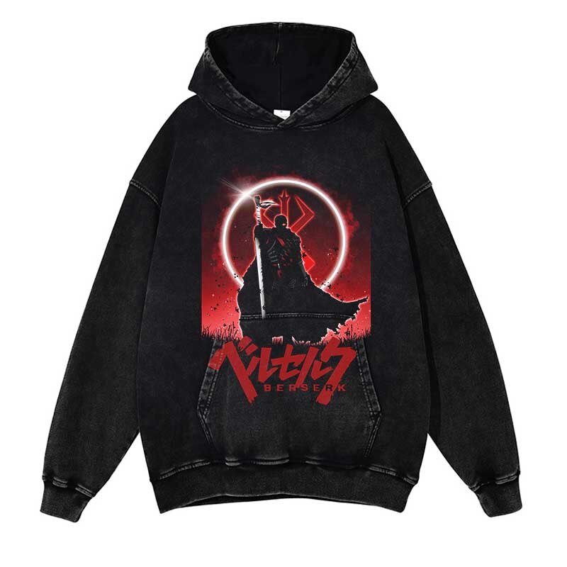 Berserk Washed Black Streetwear Cotton Vintage Hoodie