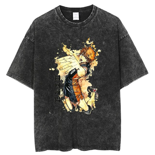 Anime Haikyuu Acid Washed Cotton T-shirts Vintage Black Men's Clothing Hip Hop Streetwear Harajuku Shirts Unisex Tops Tees, everythinganimee