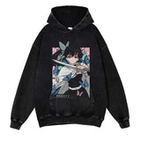 Demon Slayer Washed Black Streetwear Cotton Vintage Hoodie