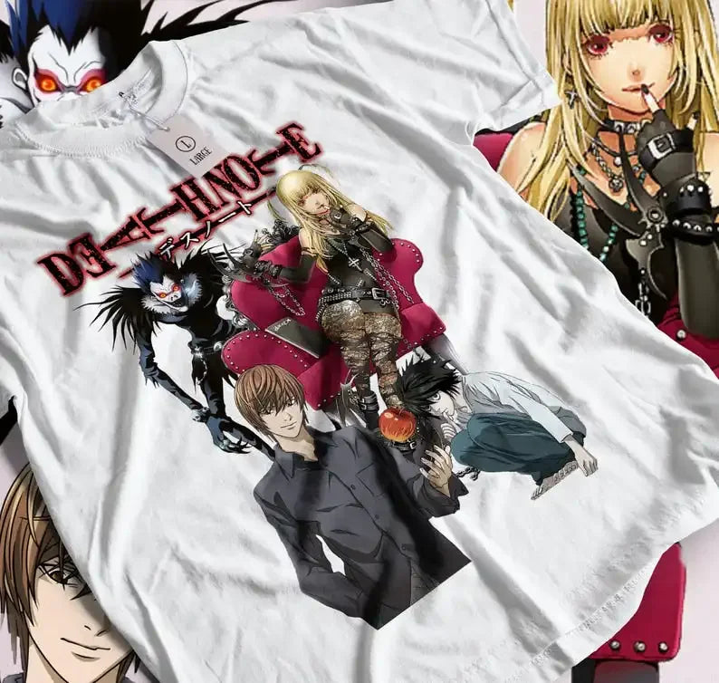 Here at Everythinganimee we have the best anime shirts in the world.
Celebrate the dark intrigue of Death Note with this Death Note Legends Tee, featuring iconic characters including Light, L, Misa, and the enigmatic Shinigami, Ryuk.