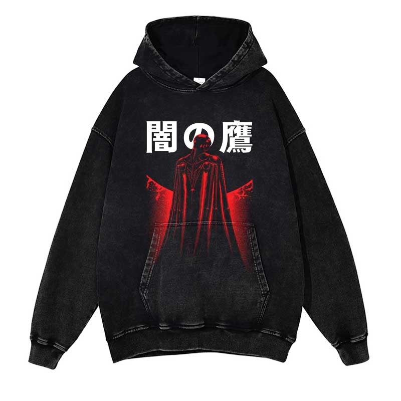 Berserk Washed Black Streetwear Cotton Vintage Hoodie