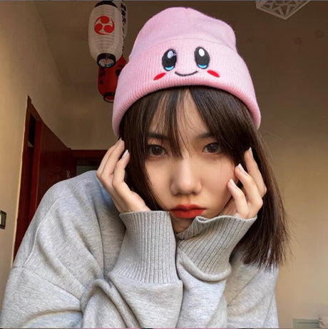 Kawaii Anime Kirby Hat Cute Face Eyes Cosplay Keep Warm Knitted Hat Unisex Adult Kids Cap Hip Hop Autumn Winter Gift, everythinganimee