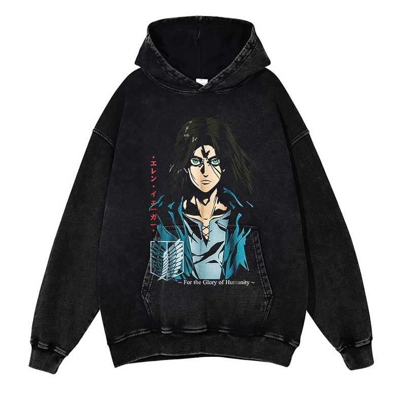 Attack on Titan Washed Black Streetwear Cotton Vintage Hoodie