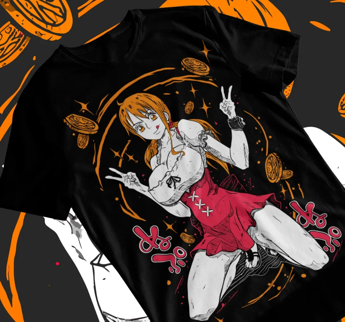 Here at Everythinganimee we only have the best shirts in the world! Show your love for One Piece with our New Nami Graphic Tee, featuring a striking design of Nami in her iconic red outfit, surrounded by her signature coins. 