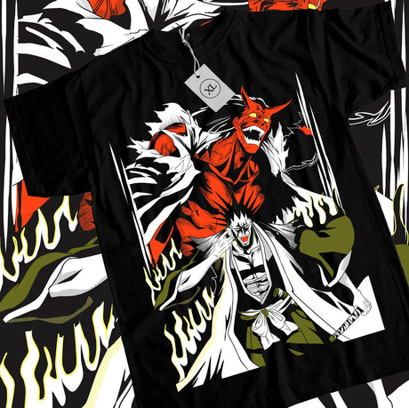 Here at Everythinganimee we have the best anime shirts in the world. 
Unleash your inner warrior with this intense Bleach shirt featuring the fearsome Zaraki Kenpachi and his powerful, battle-ready form.