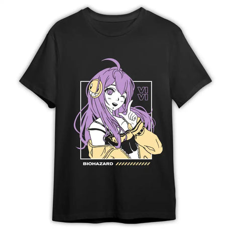 Here at Everythinganimee we have the best anime shirts in the world.
Step into the vibrant world of vividlyASMR with this stylish Biohazard Vivi shirt, featuring an exclusive design of the beloved character Vivi in her iconic pose. The playful mix of pastel purple and yellow tones creates a striking contrast.