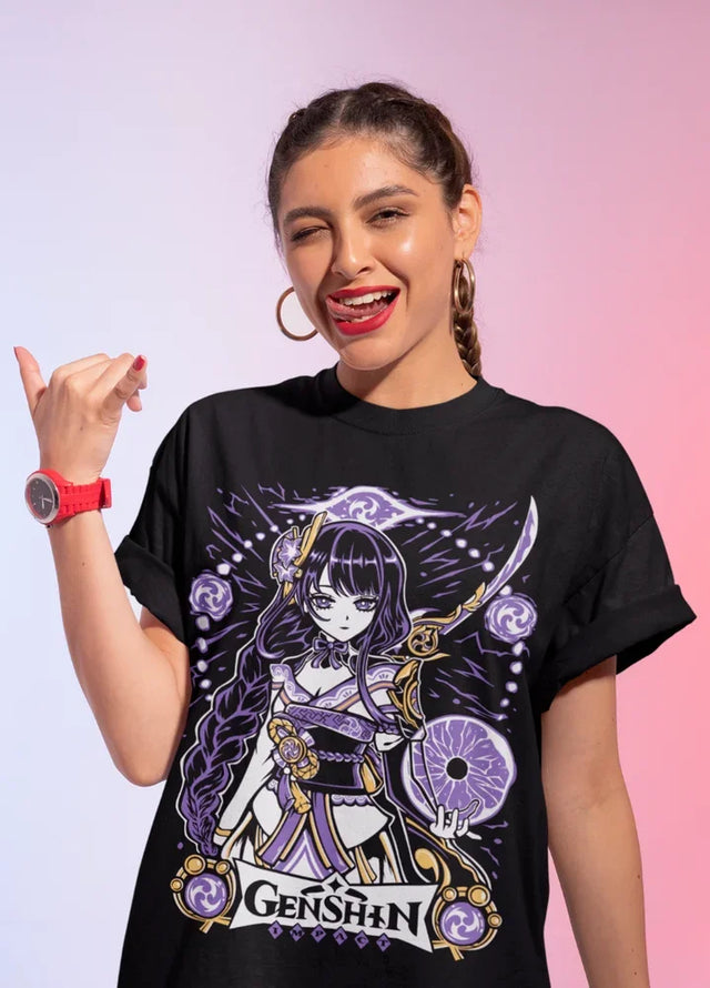 Embrace the power of the Raiden Shogun.with this striking tee. If you are looking for more Genshin Impact Merch, We have it all! | Check out all our Anime Merch now!