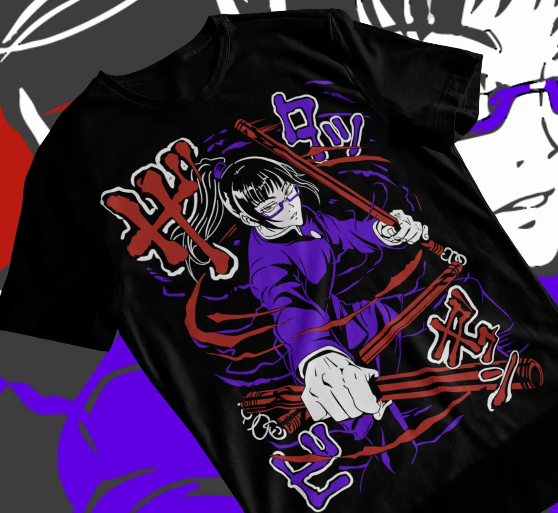 Celebrate the power of Maki Zen'in from Jujutsu Kaisen with this bold and vibrant tee. If you are looking for more Jujutsu Kaisen Man Merch, We have it all! | Check out all our Anime Merch now!