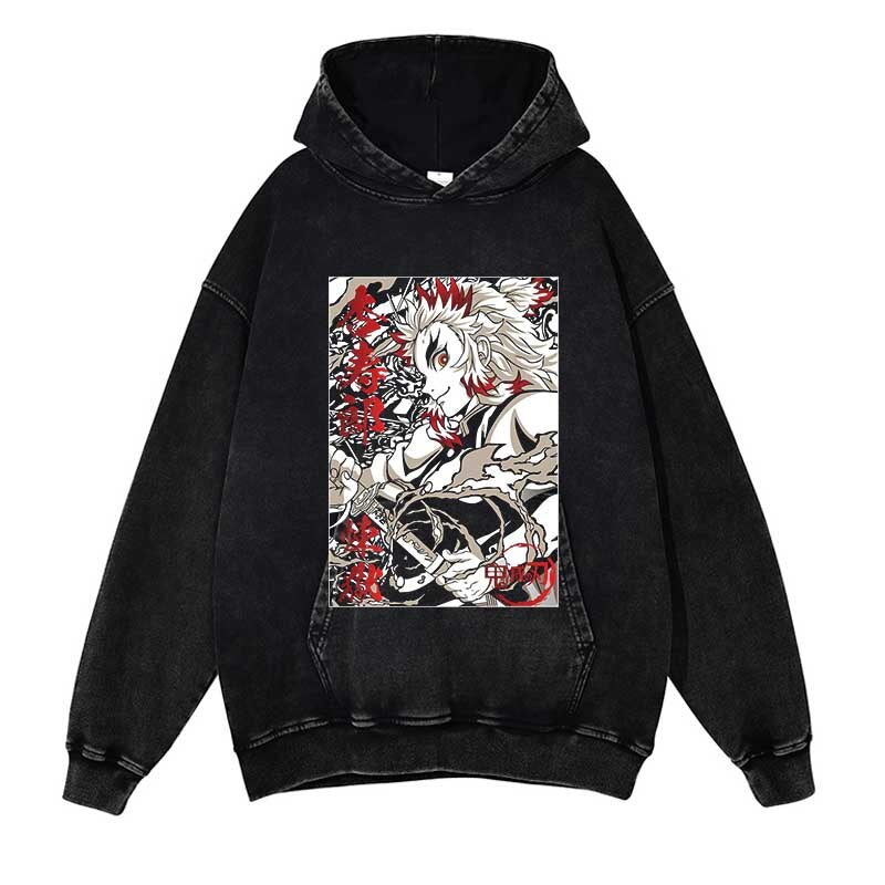 Demon Slayer Washed Black Streetwear Cotton Vintage Hoodie