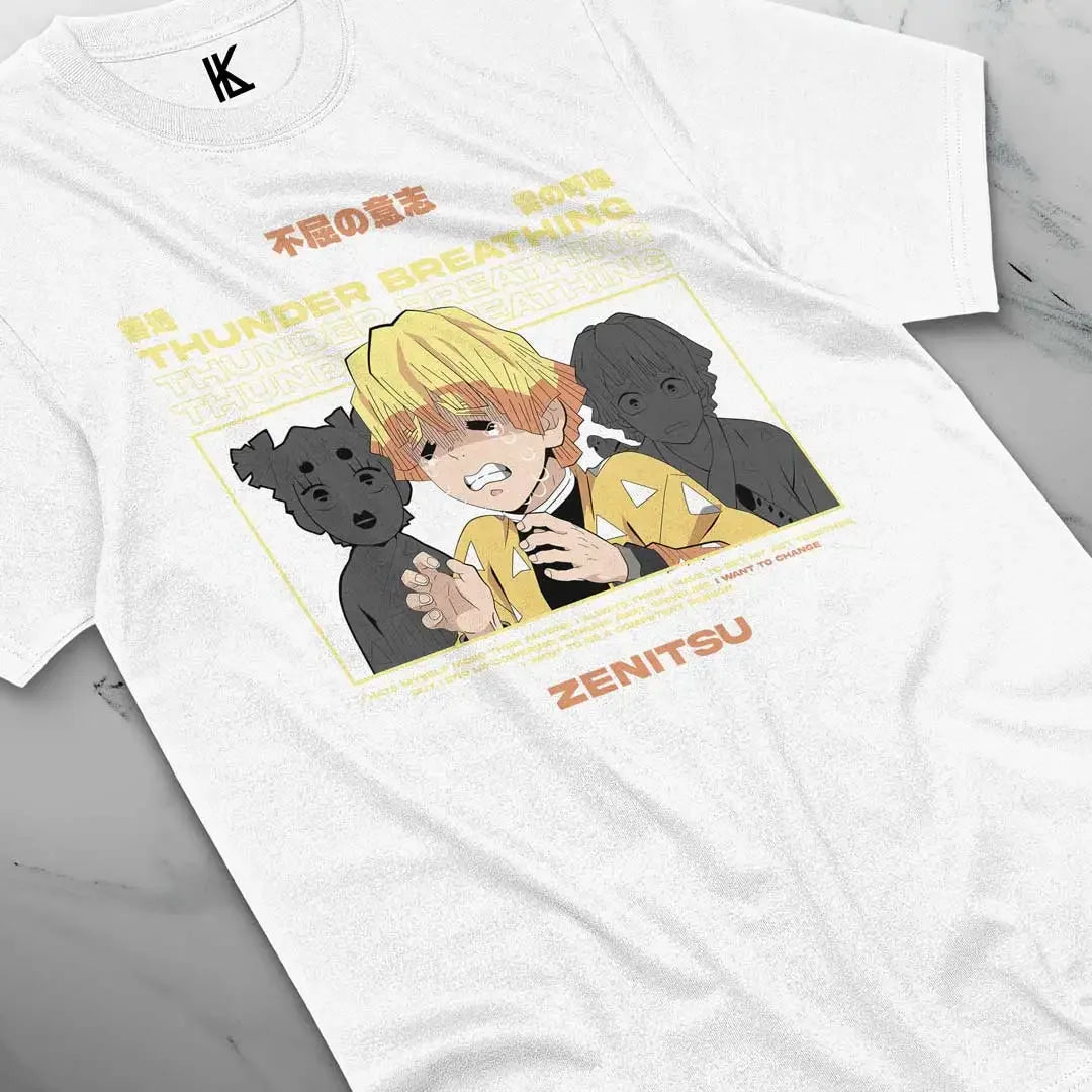 Here at Everythinganimee we have the best anime shirts in the world.
Capture the essence of Zenitsu’s intense yet vulnerable character with the Zenitsu Thunder Tee, showcasing his iconic Thunder Breathing technique from Demon Slayer. This design brings out Zenitsu’s complex personality.